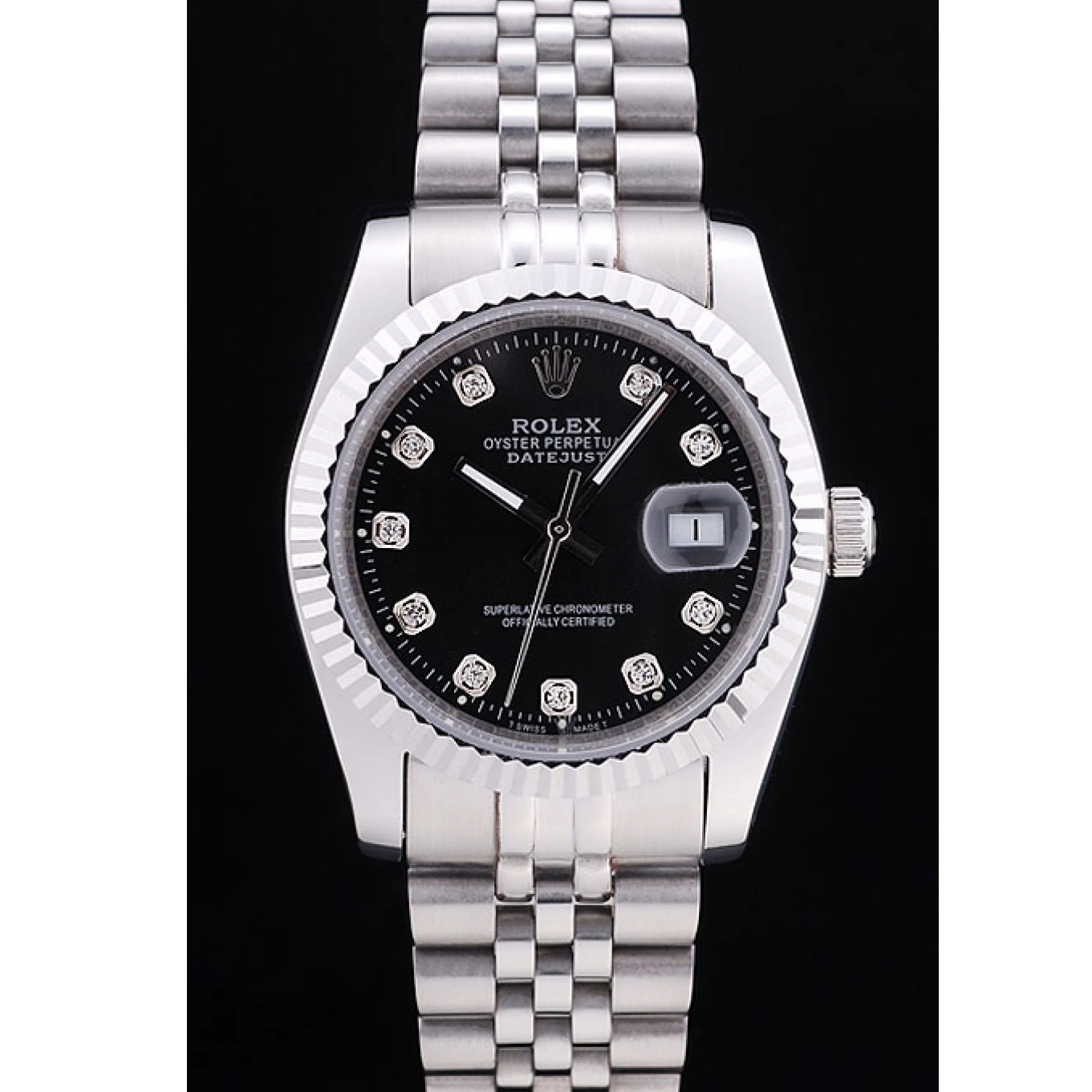 Aaa replica watch Rolex 7458 Black Datejust Ribbed Bezel Diamonds Dial 0731
